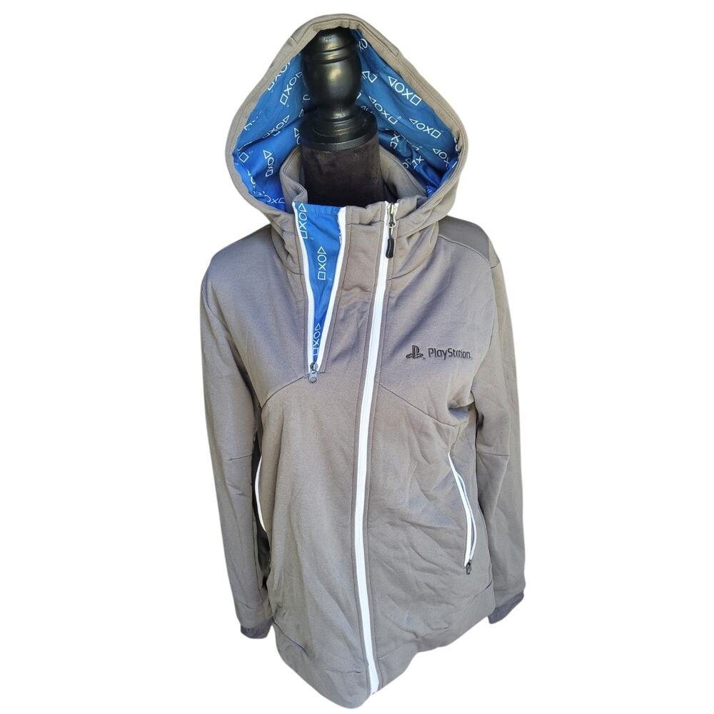 PlayStation Full Zip Hoodie Women's XL Gray Blue Controller Symbols Sony